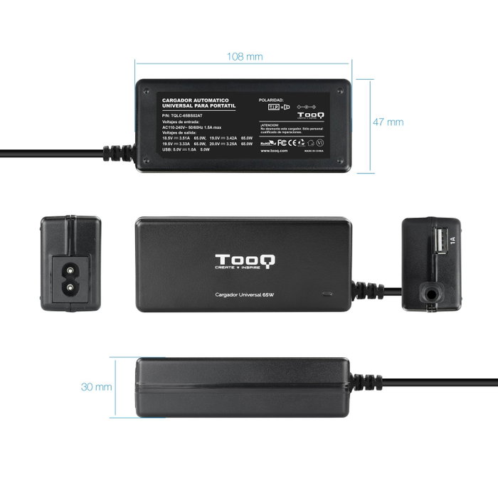 Tooq Cargador Universal 65W con 8 Conectores y USB TQLC-65BS02AT